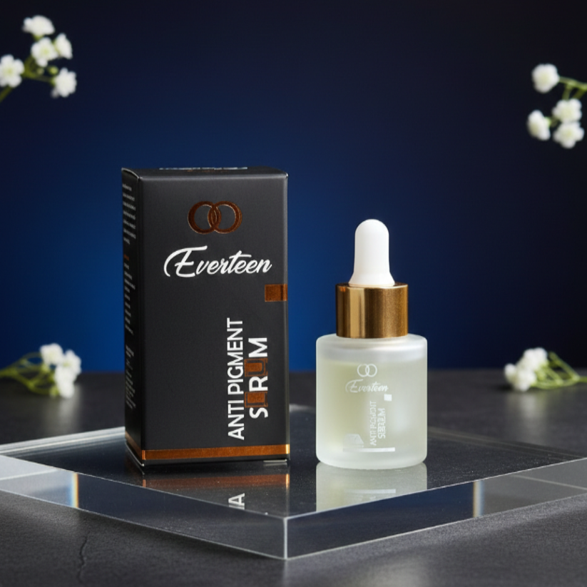 Everteen anti-pigment serum bottle and packaging on a reflective surface with a dark background