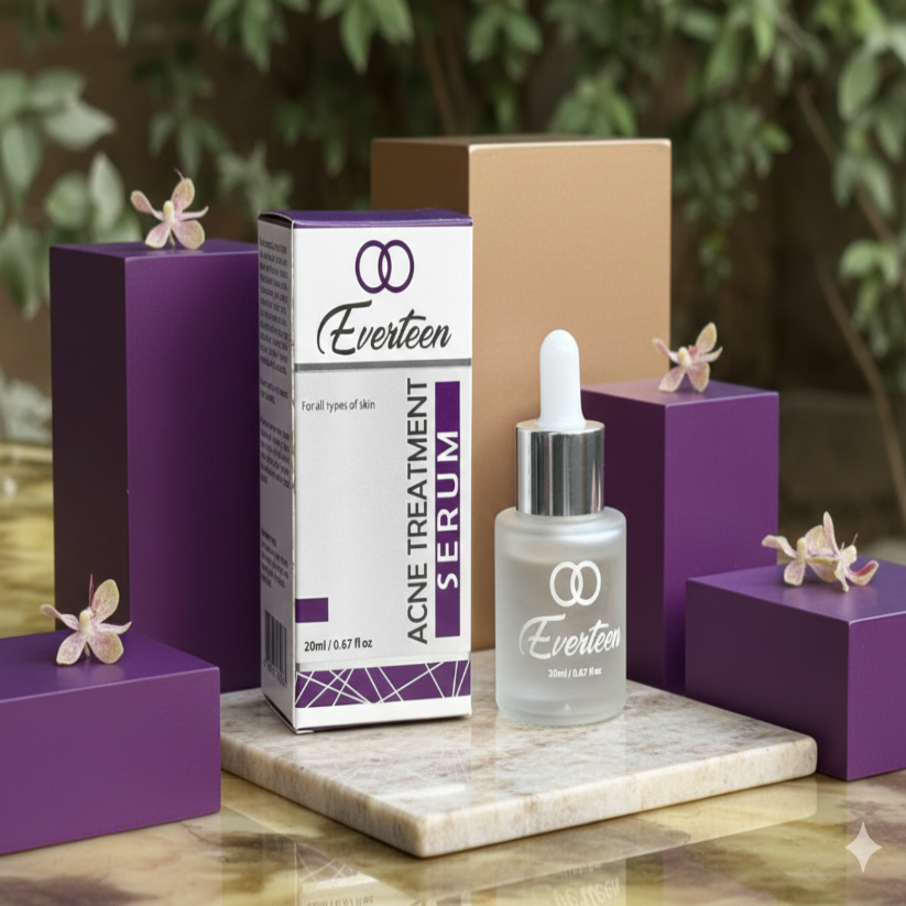 Everteen acne treatment serum with packaging on a wooden surface with purple boxes and greenery in the background