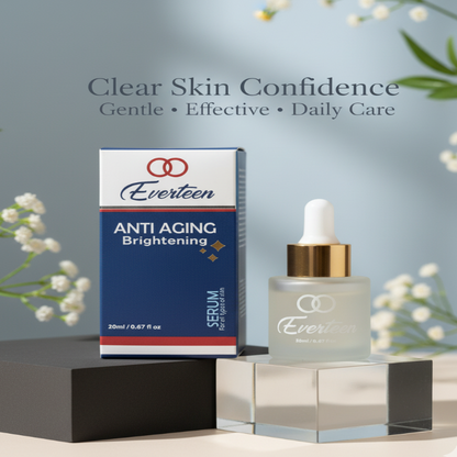Everteen anti-aging brightening serum packaging with dropper bottle on a neutral background